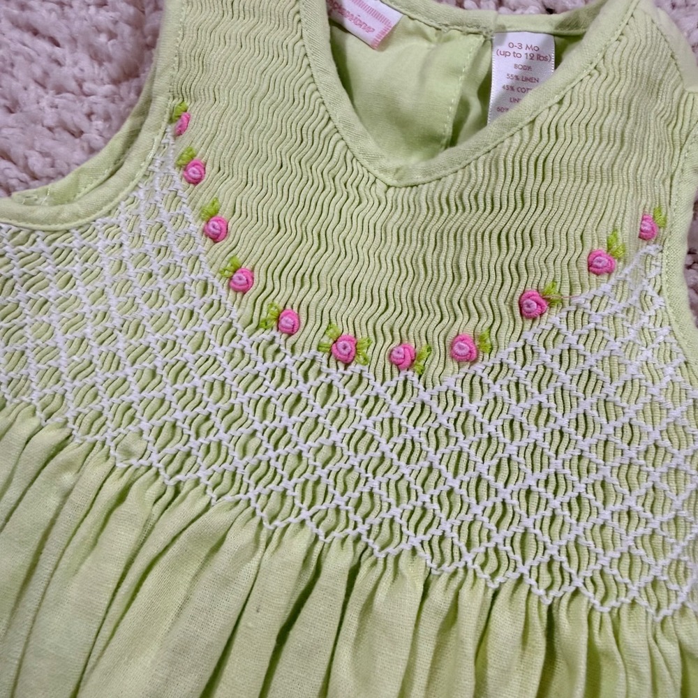 Vintage First Impressions Lime Green Smocked Linen Dress 0-3 M Cottagecore - Picture 7 of 7